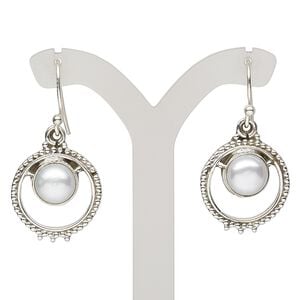 Earring, cultured freshwater pearl (bleached) and antiqued sterling silver, 34mm with beaded open round and fishhook ear wire, 21 gauge. Sold per pair.