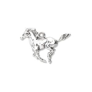 Charm, antiqued sterling silver 1pkg1, 24x17mm galloping mustang.