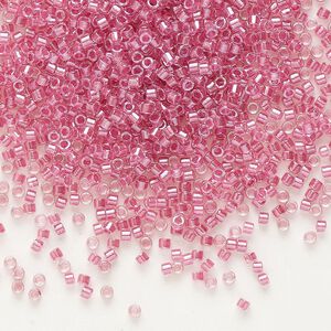 Seed bead, Delica&reg;, glass, pkg/7.5g, #11 round, translucent peony pink-lined luster crystal clear (DB-0902).