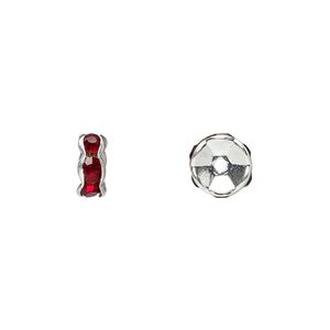Bead 1pkg10 silver-plated, 7x3mm rondelle, brass / garnet red rhinestone