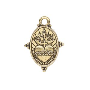 Drop, TierraCast&reg;, antique gold-plated pewter, 25x21mm 2-sided beaded oval with sacred heart. Sold individually.