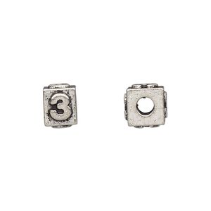 Bead 1pkg4 pewter, 8x6mm rectangle / number 3, antiqued Dione&reg;