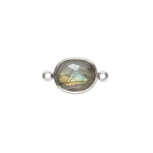 Link, labradorite (natural) and sterling silver, 9x7mm-12x10mm oval with 8x6mm-11x9mm hand-cut double-sided faceted flat freeform oval. Sold individually.