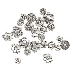 Bead mix 1pkg24 silver-plated "pewter", 5x5mm-10x10mm flower / 2sided, antique
