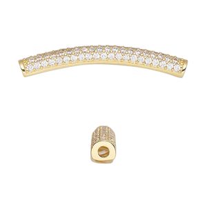 Bead 1pkg1 gold-finished, 36x4.5mm curved tube, brass / clear cubic zirconia