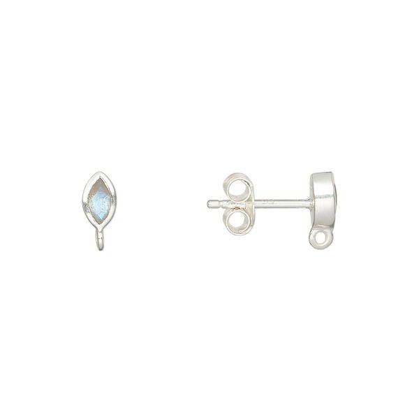 Ear stud 1pkg2, sterling silver / labradorite (natural), 6x3.5mm marquise / closed loop / earnuts, 1 pair image number 0