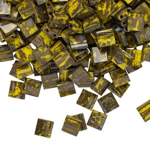 Seed bead, TILA&reg;, glass, pkg/10g, 5mm full tila square, opaque Picasso mustard, (TL-4519).