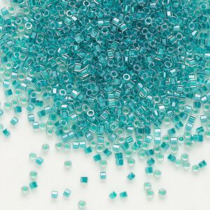Seed bead, Delica&reg;, glass, pkg/7.5g, #11 cut, translucent dark aqua-lined luster crystal clear (DBC-0918).