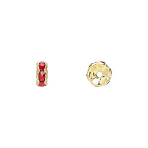 Bead 1pkg10 gold-finished, 6x3mm rondelle, brass / red rhinestone