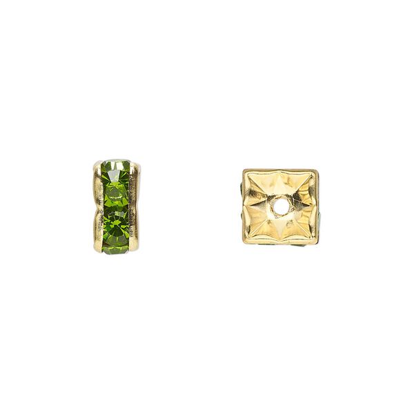 Bead 1pkg10 gold-finished, 8x4mm squaredelle, brass / peridot green rhinestone image number 0
