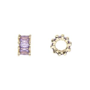 Bead 1pkg2 gold-plated, 10.5x6mm rondelle, brass / amethyst cubic zirconia
