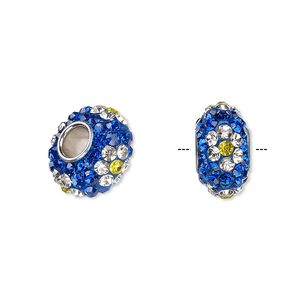 Bead 1pkg1 imitation rhodium-plated, 13x8mm-14x8mm rondelle / clear & light yellow flower, brass / glass rhinestone / epoxy / blue Dione&reg;