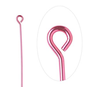 Eye pin 1pkg10 brass, 2 inch, 21 gauge electro-coated pink