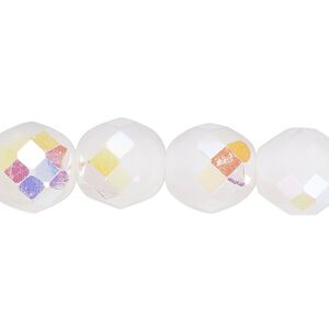Bead, Czech fire-polished glass, pkg/15-1/2 to 16 inches, 12mm faceted round, opaque white AB, (03000-28701).