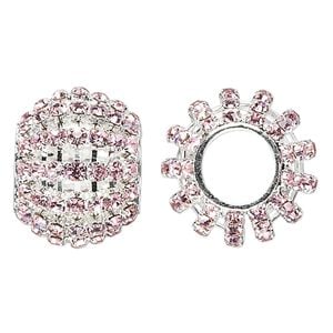 Bead 1pkg1 silver-finished, 25x20mm barrel / 3mm chatons, brass / pink rhinestone