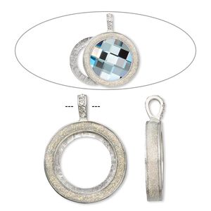 Pendant, Almost Instant Jewelry&reg;, epoxy / crystal / imitation rhodium-plated "pewter" (zinc-based alloy), crystal clear with glitter, 45x35mm single-sided with 30mm round setting. Sold individually.