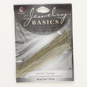 Head pin 1pkg36 brass-finished, 3 inch, 22 gauge steel