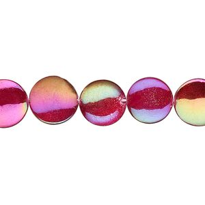 Mother-of-pearl shell 1pkg1, flat round bead 15 inch peach red 10mm