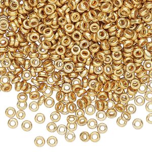 Seed bead, Miyuki, glass, pkg/10g, 3x1.3mm spacer rondelle, opaque gold finish, (SPR3-4202).