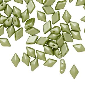Bead, DiamonDuo&trade;, Czech pressed glass, opaque pastel olivine, 8x5mm faceted diamond with flat back and (2) 0.7-0.8mm holes. Sold per 10-gram pkg, approximately 70 beads.