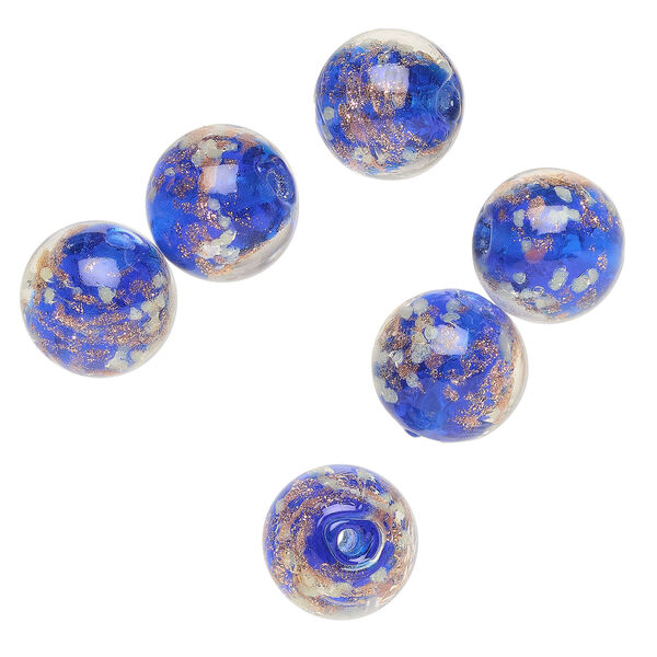 Bead, lampworked glass, clear / cobalt blue / glow-in-the-dark / gold, 10mm round. Sold per pkg of 6. image number 0