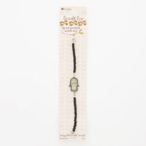 Bracelet component, enamel / glass / steel / gold-finished "pewter" (zinc-based alloy), black / green / turquoise blue, 19mm wide Fatima hand, 6 inches. Sold individually.