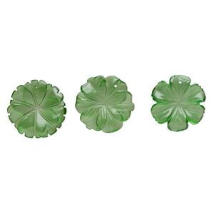 Focal mix, glass, translucent green, 25x30mm-35x35mm top-drilled carved flower. Sold per pkg of 3.