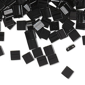 Bead, Miyuki, TILA&reg;, glass, opaque black, (TL401), 5mm square with (2) 0.8mm holes, fits up to 3mm beads. Sold per 40-gram pkg.