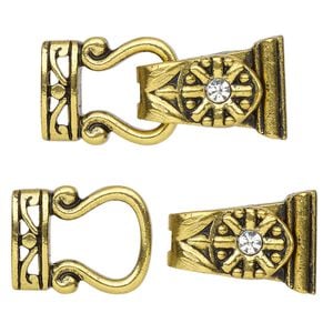 Clasp magnetic fold-over 1pkg2 "pewter" (zinc alloy), 29x13mm, antique gold-finished / clear rhinestone 2-strand