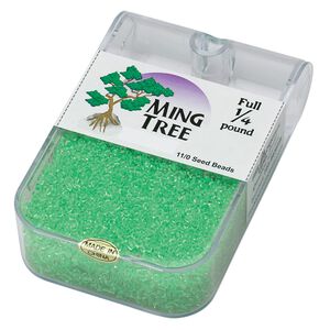 Seed bead, Ming Tree&trade;, glass, pkg/1/4 pound, #11 round, transparent color-lined bright green.