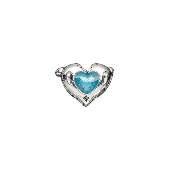Bead 1pkg1 silver-plated pewter, 16x11mm double dolphins heart / 2sided, glass / blue / antique Dione&reg; image number 0
