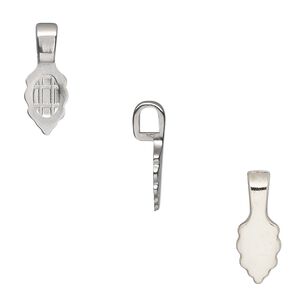 Bail, Aanraku&reg;, glue-on, nickel-plated "pewter" (zinc-based alloy), 16x5.5mm with 9x5.5mm leaf flat base. Sold per pkg of 5.