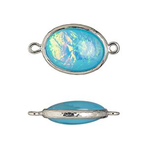 Link, Opalized Ice&trade;, "opal" (resin) and imitation rhodium-finished brass, opaque light blue, 20x15mm double-sided oval. Sold per pkg of 4.