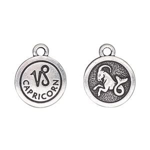 Charm, TierraCast&reg;, antique silver-plated pewter (tin-based alloy), 15mm two-sided flat round with Capricorn zodiac sign and symbol. Sold per pkg of 2.