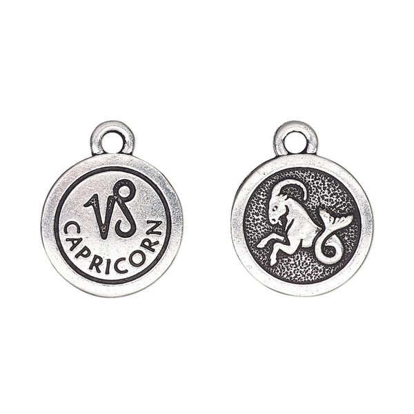 Charm, TierraCast&reg;, antique silver-plated pewter (tin-based alloy), 15mm two-sided flat round with Capricorn zodiac sign and symbol. Sold per pkg of 2. image number 0