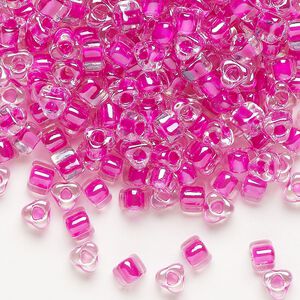 Seed bead, Miyuki, glass, transparent clear color-lined fuchsia, (TR1110), #5 triangle. Sold per 250-gram pkg.