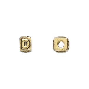 Bead 1pkg4 gold-plated pewter, 8x6mm rectangle / letter D, antique Dione&reg;
