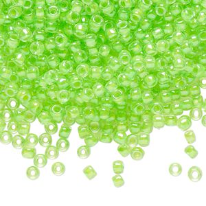 Seed bead, TOHO BEADS&reg;, glass, pkg/7.5g, #8 round, translucent luminous inside color neon green (TR-08-805).