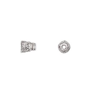 Cone, antiqued "pewter" (zinc-based alloy), 7x5mm with pattern, fits 4mm bead. Sold per pkg of 24.