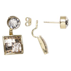 Earring, Everyday Jewelry&trade;, Crystal Passions&reg; and gold-plated "pewter", crystal rose patina, 30mm ear jacket with faceted round and checkerboard square. Sold per pair.