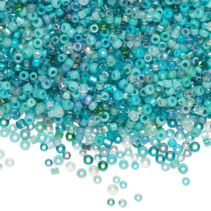 Seed bead mix, glass, 1pkg25g, #15 to #11 round, opaque and translucent multi-blue