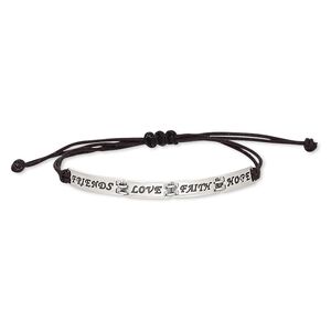 Bracelet, waxed cotton cord and antiqued sterling silver, black, 5mm wide with rectangle and assorted designs, adjustable from 6-10 inches with macram&eacute; knot closure. Sold individually.