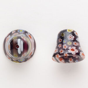 Cord end 1pkg2 millefiori glass, 17-18mm / 10.5-10.8mm inside diameter, translucent dark purple / red / white