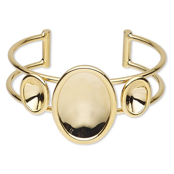 Bracelet, Almost Instant Jewelry&reg;, cuff, gold-plated brass and "pewter" (zinc-based alloy), 35mm wide with 14x10mm and 30x22mm oval setting, adjustable. Sold individually. image number 0
