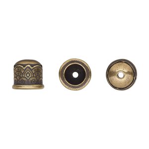 Cord end, TierraCast&reg;, antique brass-plated pewter (tin-based alloy), 9mm with temple design, 5.7mm inside diameter. Sold per pkg of 2.