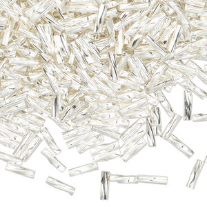 Bead 1pkg10 silver-plated, 6x1.5mm twisted liquid tube (liquid silver), brass