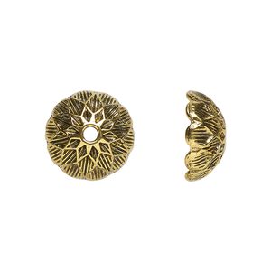 Bead cap, antiqued gold-finished "pewter" (zinc-based alloy), 14x7mm round, fits 14-15mm beads. Sold per pkg of 10.