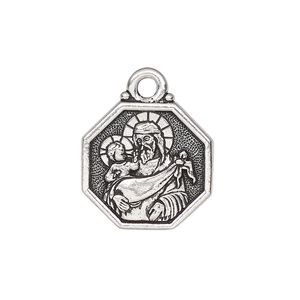 Drop, TierraCast&reg;, antique silver-plated pewter, 20mm 2-sided octagon with Saint Christopher and "Saint Christopher protect us." Sold individually.