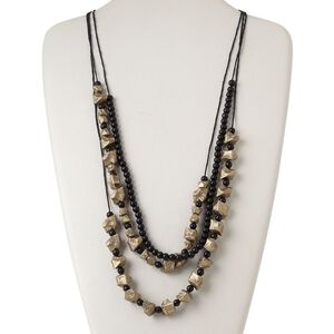 Necklace, 3-strand, waxed cotton cord / gold-coated plastic / acrylic / silver-finished steel, black, nugget, 40 inches with 2-inch extender chain and lobster claw clasp. Sold individually.