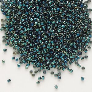 Seed bead, Delica&reg;, glass, pkg/50g, #11 round, opaque metallic gold iris green blue (DB-1006).